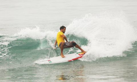 Felipe Rodriguez takes victory in the Trials event after an impressive display of lightning fast surfing in the small surf. | Photo Courtesy: Waterman League